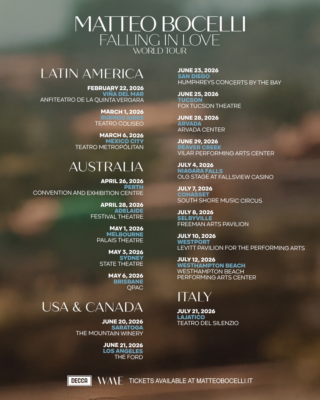 Matteo Bocelli Falling In Love World Tour Poster 2026